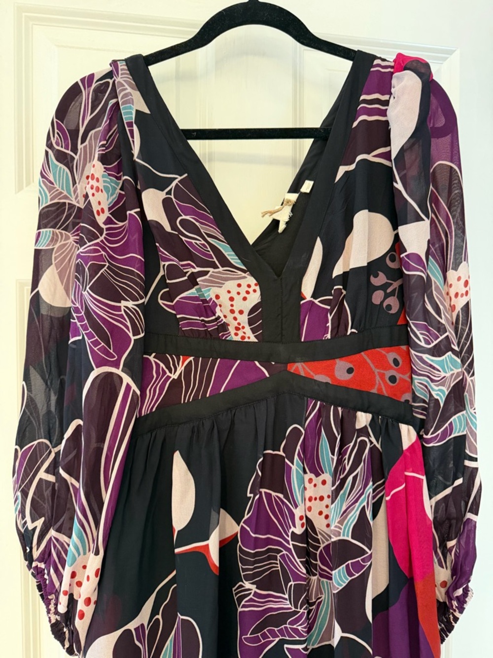 Anthropologie Women's Floral V-Neck Long Sleeve Dress -Purple, Red & Black- Sz M